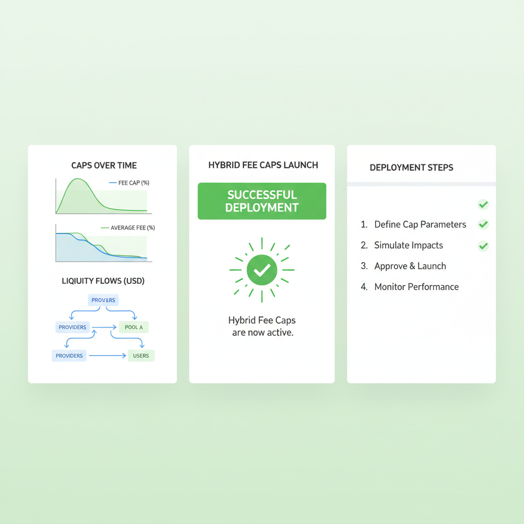 hybrid fee caps launch dashboard, charts of caps and liquidity flows, successful deployment interface, green success tones