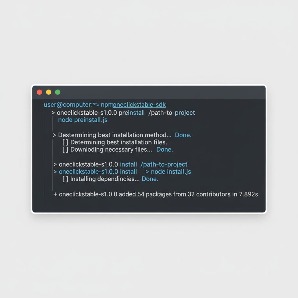 terminal window running npm install oneclickstable-sdk command, clean code output, dark theme