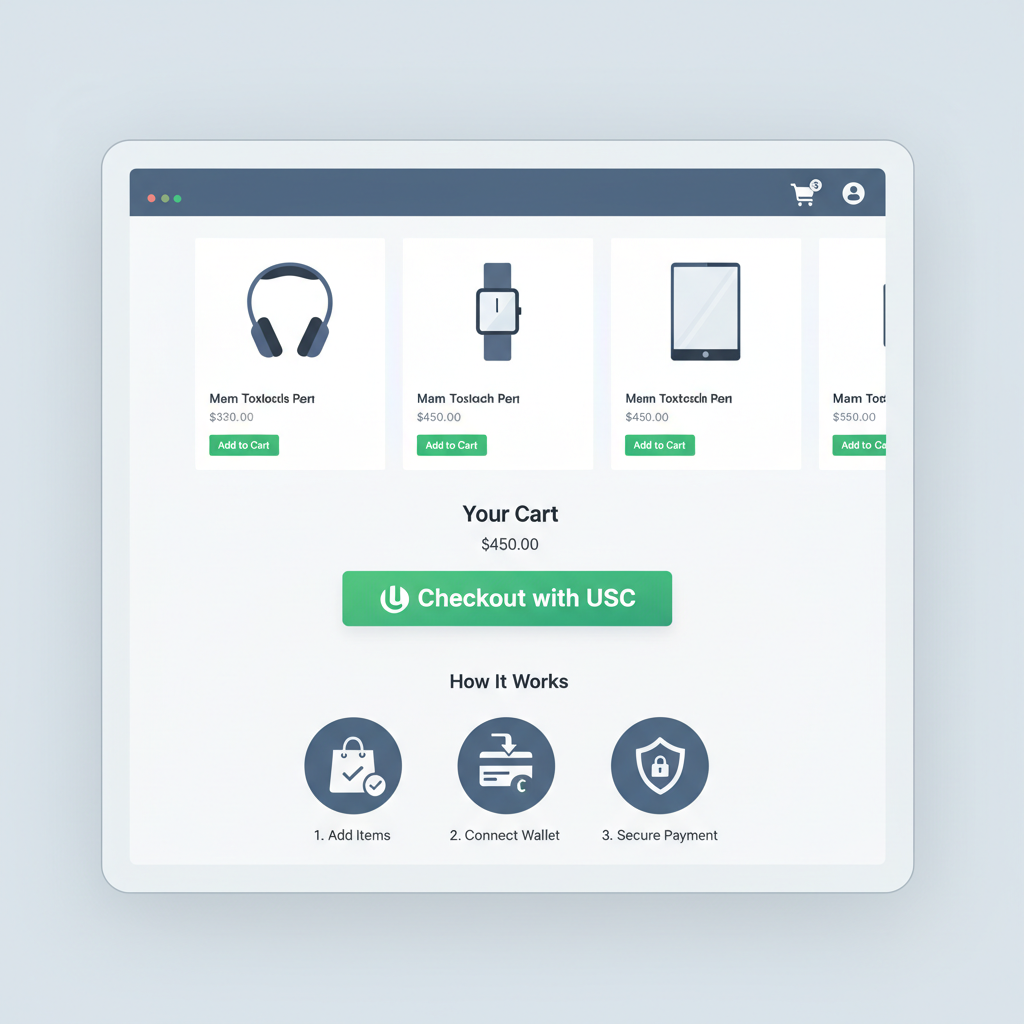 e-commerce webpage with embedded USDC checkout button, modern design, cart icon
