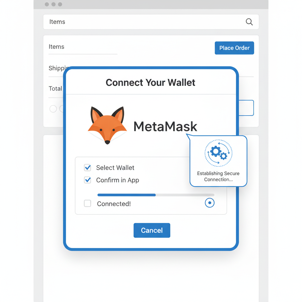 mobile wallet connection modal on checkout page, MetaMask popup, secure connection animation