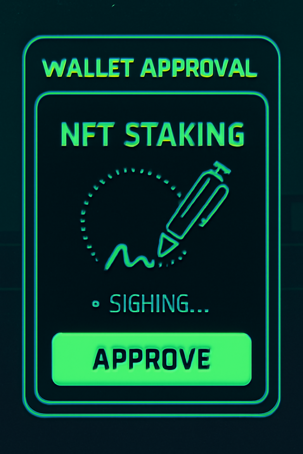 wallet approval screen for NFT staking, green approve button, transaction signing animation, cyberpunk style