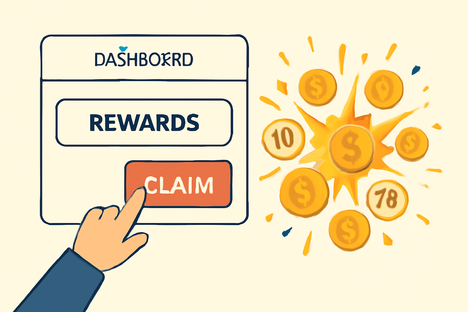 user clicking claim button on dashboard, rewards pouring out as gold coins and points, celebratory explosion effect
