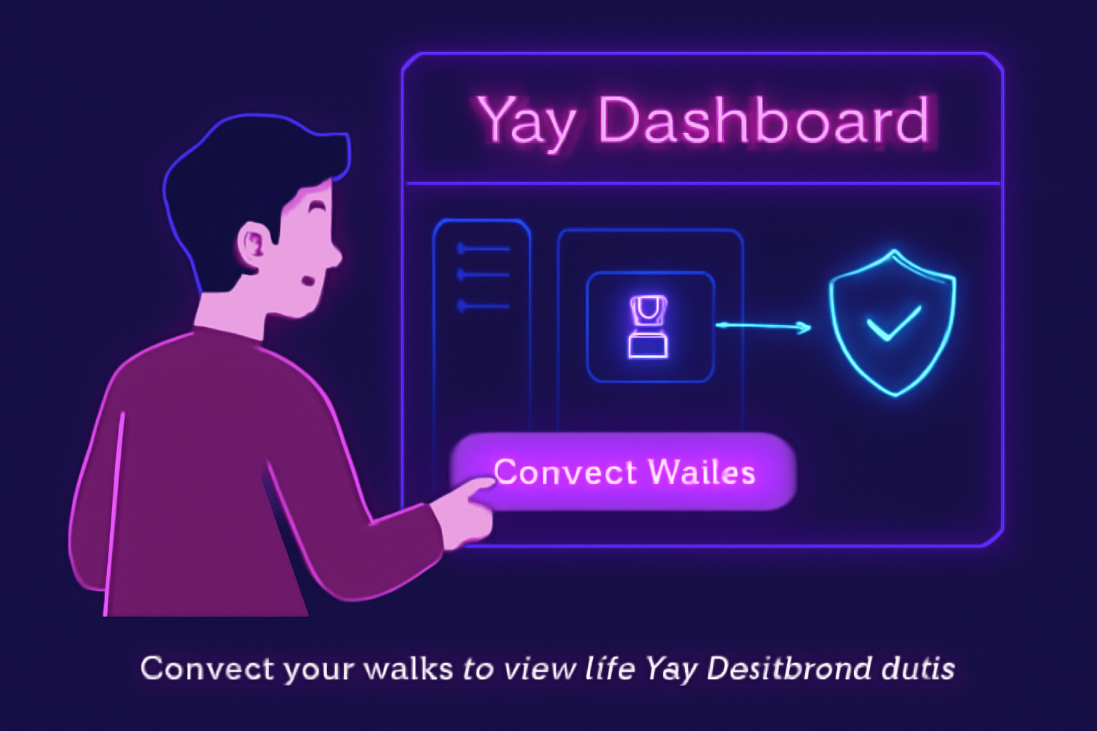 crypto user connecting wallet to vibrant Yay Dashboard UI, futuristic neon interface, secure connection animation