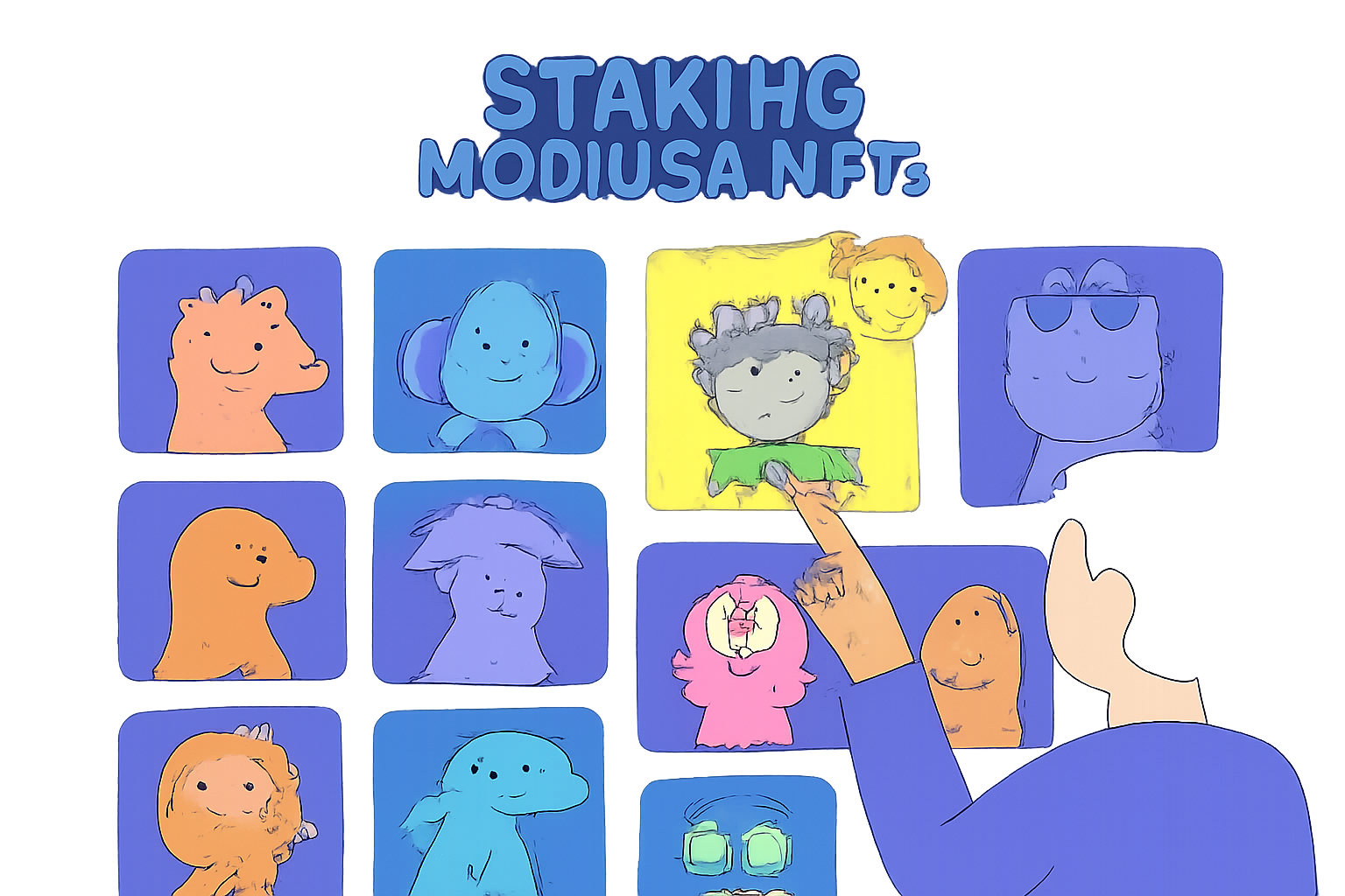 user selecting glowing Moriusa NFTs on staking dashboard, highlighted rare NFT with 3x bonus badge, colorful digital art gallery