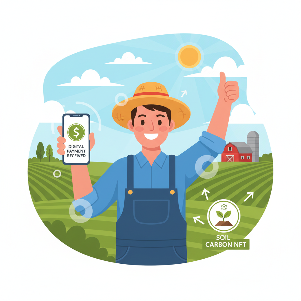 /imagine prompt: happy farmer receiving digital payment, soil carbon NFT on phone, American farmland background, positive vibe --ar 16:9