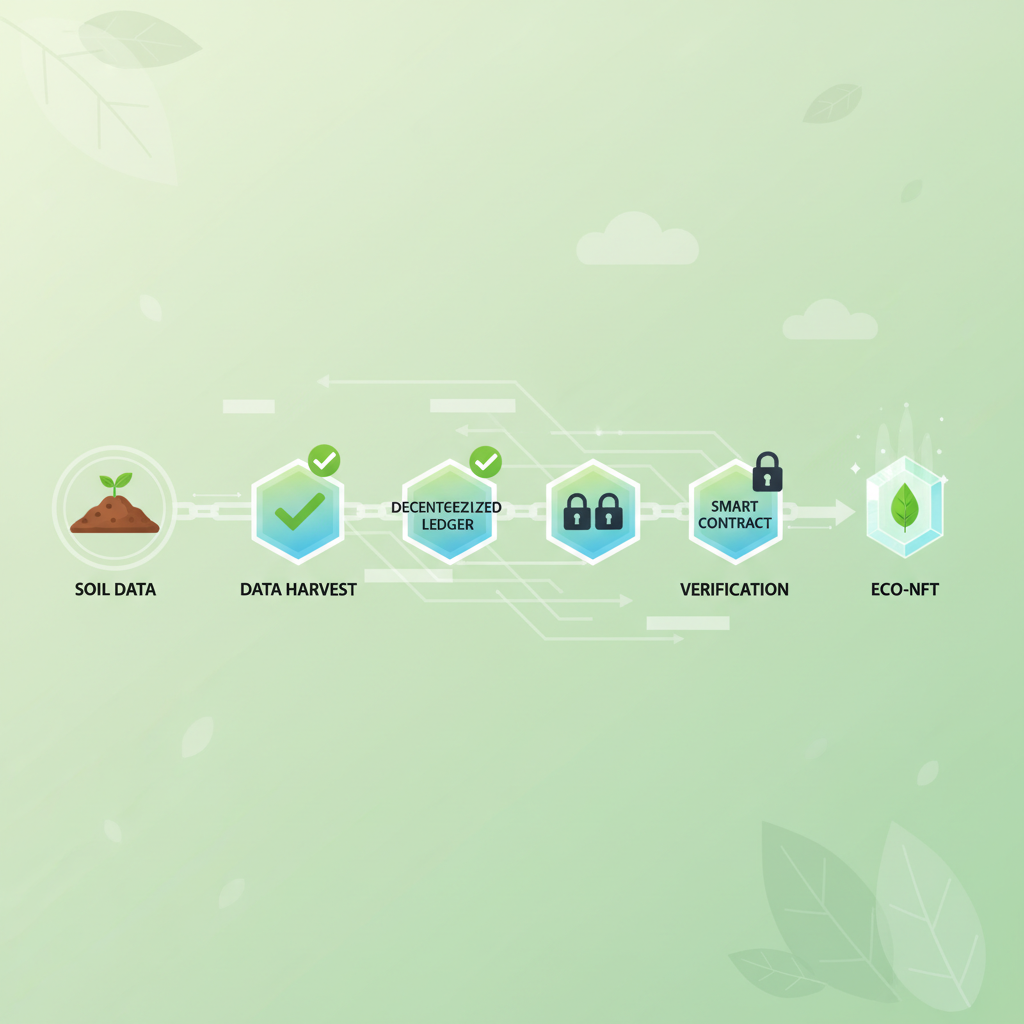 /imagine prompt: blockchain verification chain linking soil data to NFT, checkmarks and locks, transparent digital flow, eco-friendly --ar 16:9