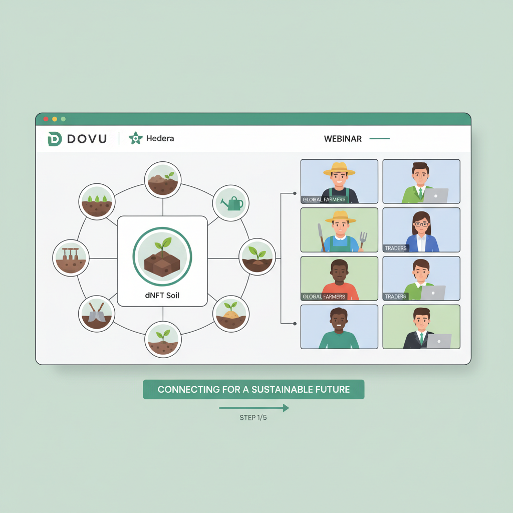 /imagine prompt: webinar screen with DOVU Hedera logos, dNFT soil icons, global farmers and traders connected, visionary future --ar 16:9