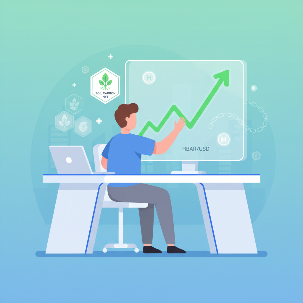 /imagine prompt: trader analyzing Hedera chart with soil carbon NFTs, green upward arrow, modern trading desk, crypto elements --ar 16:9