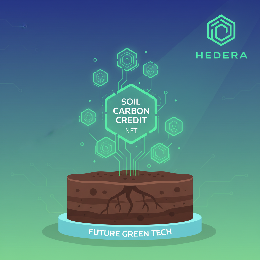 /imagine prompt: glowing dynamic NFT of soil carbon credit, Hedera logo, digital token emerging from earth, futuristic green tech --ar 16:9