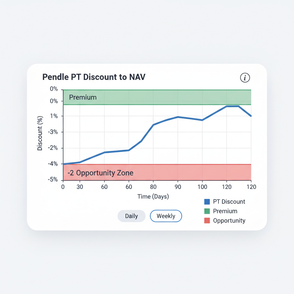 DeFi dashboard chart showing Pendle PT discount to NAV line graph, green and red zones, modern UI