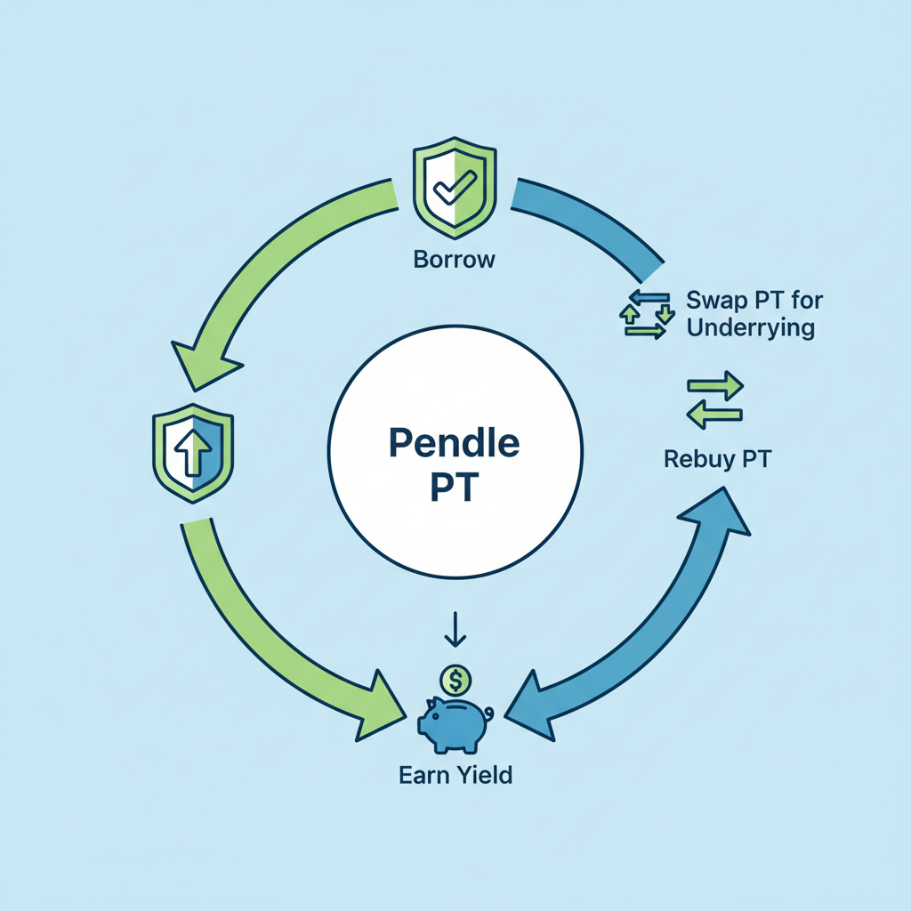 Pendle PT looping diagram with insurance shield icons, arrows showing borrow and rebuy cycle, clean infographic