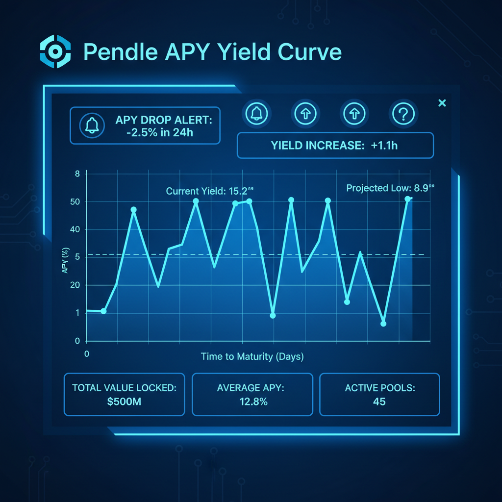 Pendle APY yield curve graph rising and falling, monitoring dashboard with alerts, neon blue tones