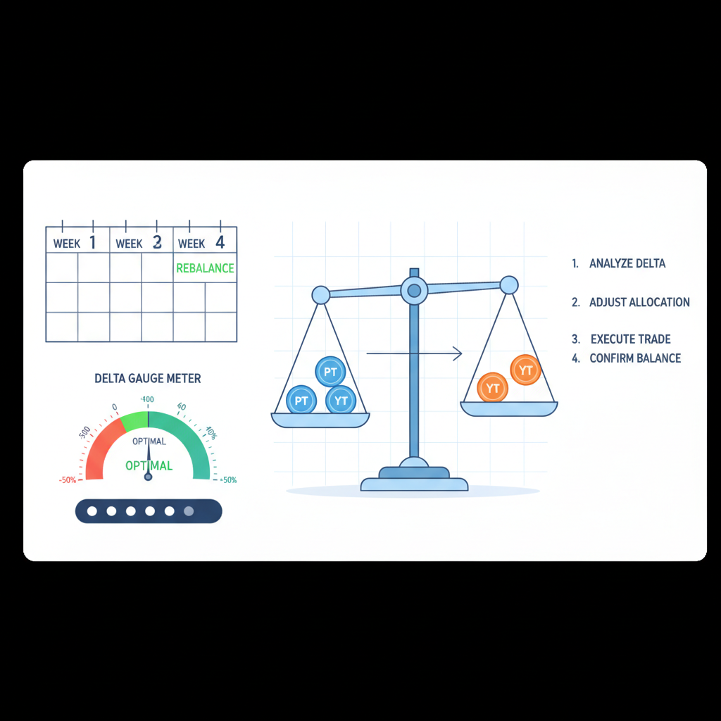 Weekly rebalancing calendar with delta gauge meter, Pendle tokens balancing scale, futuristic interface