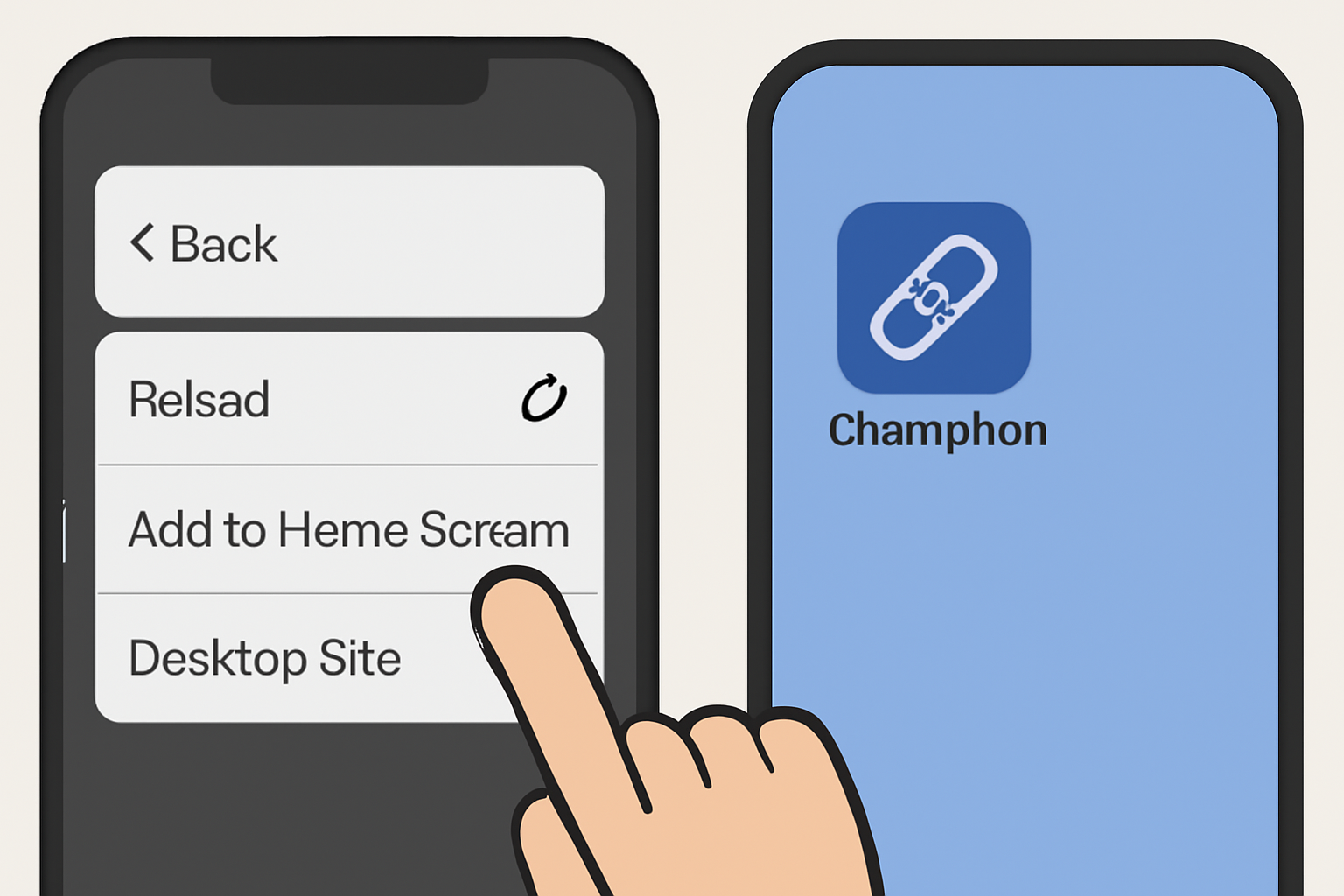 A finger tapping the 'Add to Home Screen' option in a mobile browser menu, with a Chainphon icon appearing on the home screen