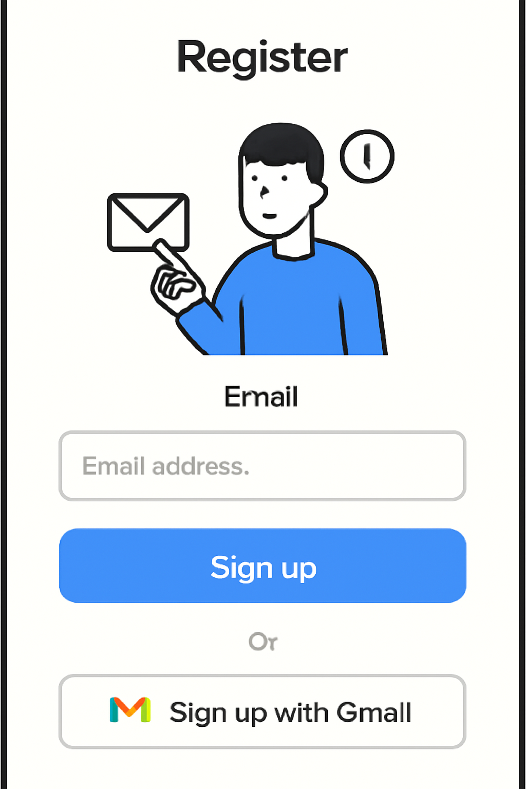 A mobile registration screen prompting for email or Gmail sign-up, with a simple and clean interface