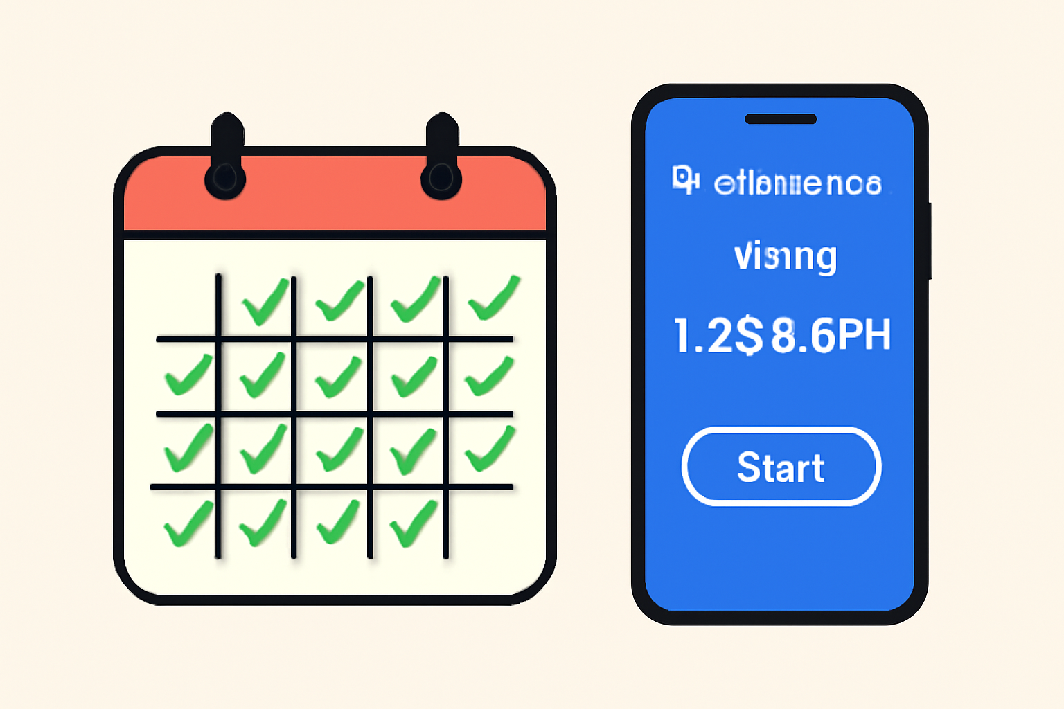 A calendar with daily checkmarks and a smartphone displaying the Chainphon mining screen