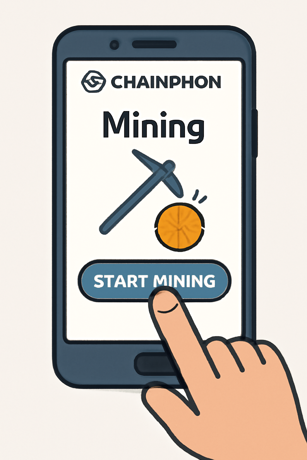 A user tapping a 'Start Mining' button on the Chainphon app interface on a smartphone