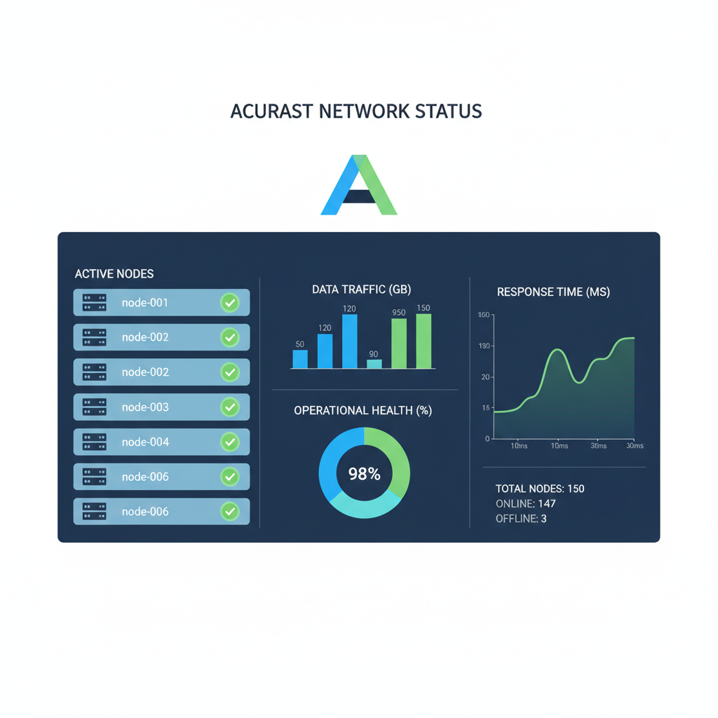 dashboard showing active Acurast nodes, green status lights, metrics graphs