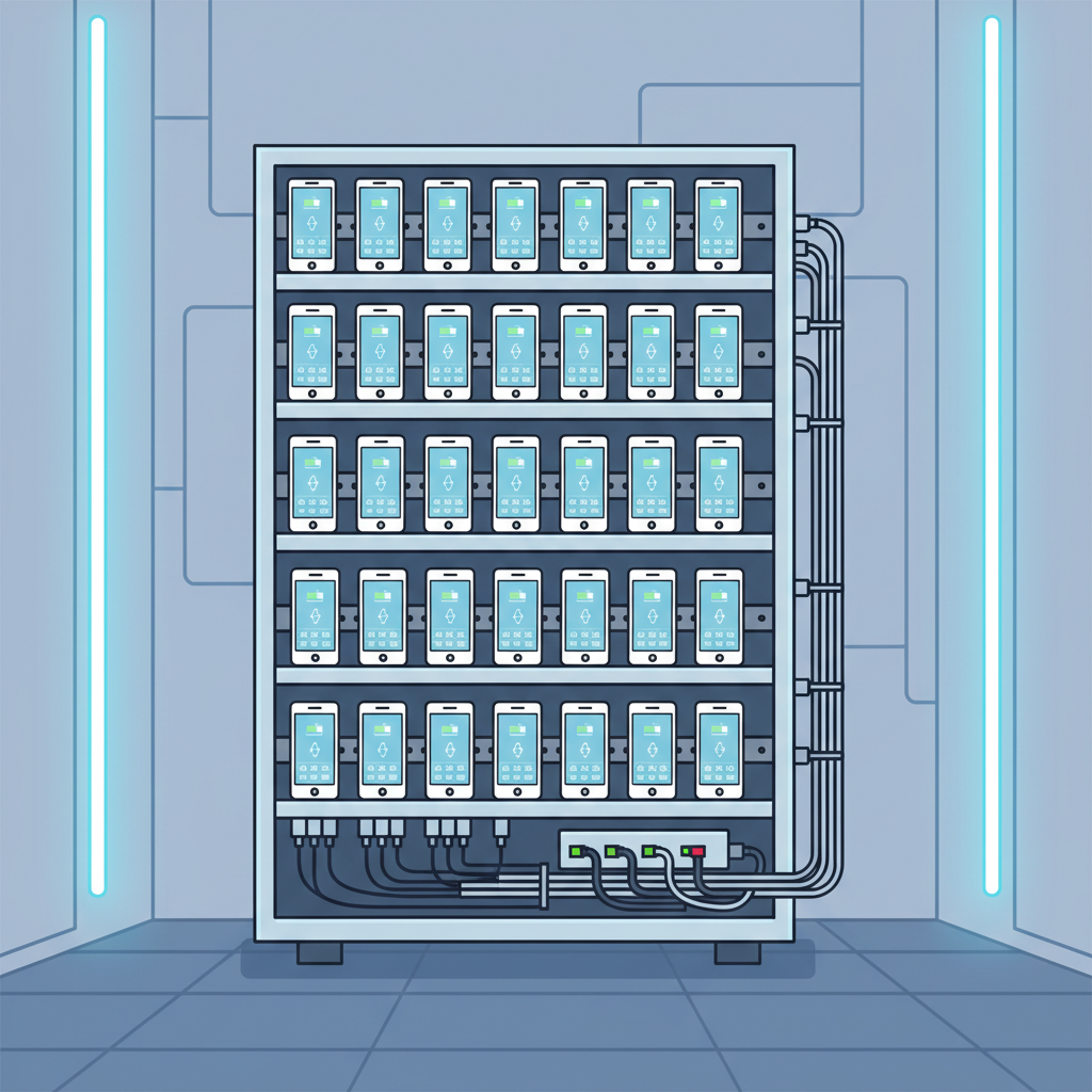 phone farm rack with dozens of phones charging, cables organized, data center vibe