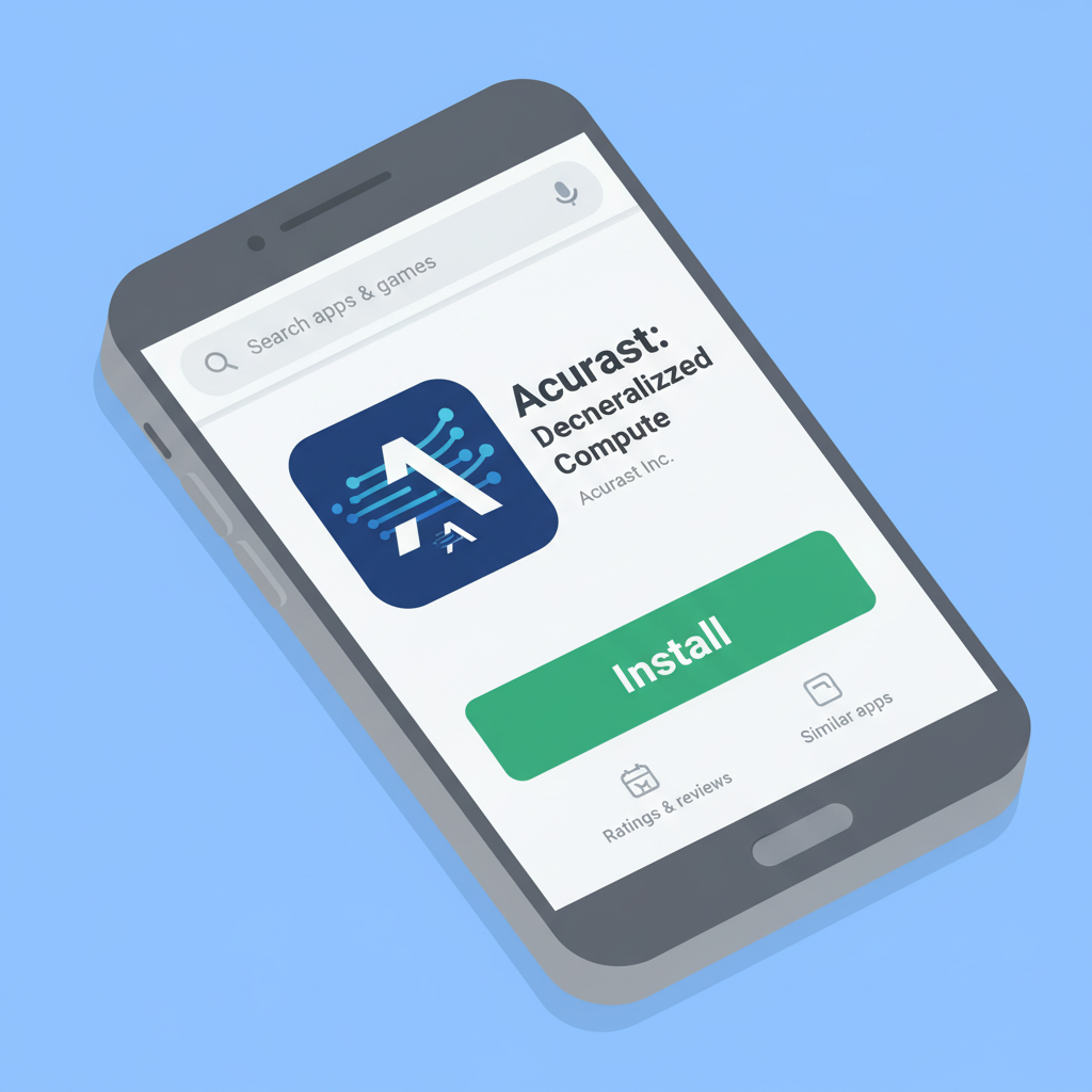 smartphone screen showing Acurast app download from Play Store, clean UI, mobile device