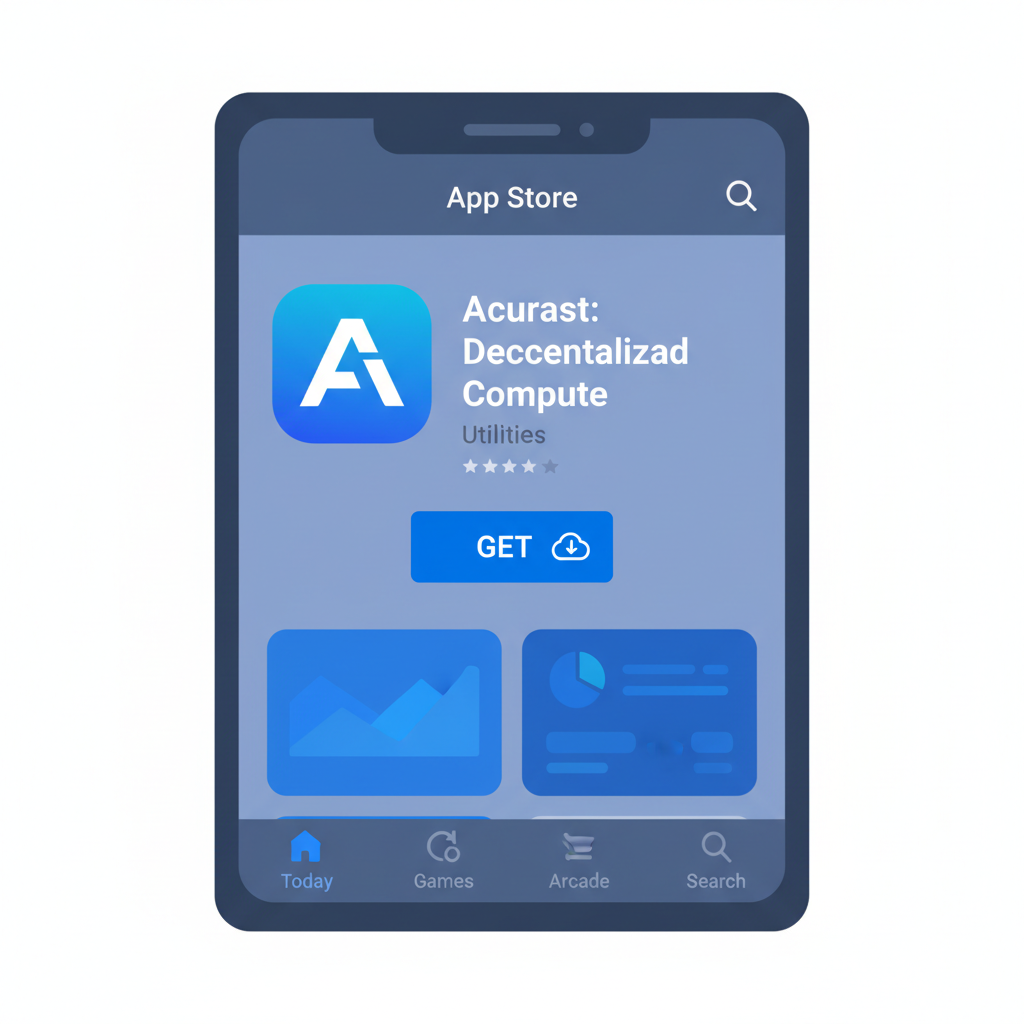 smartphone screen showing Acurast app download from app store, clean modern UI, blue tones, illustrative style