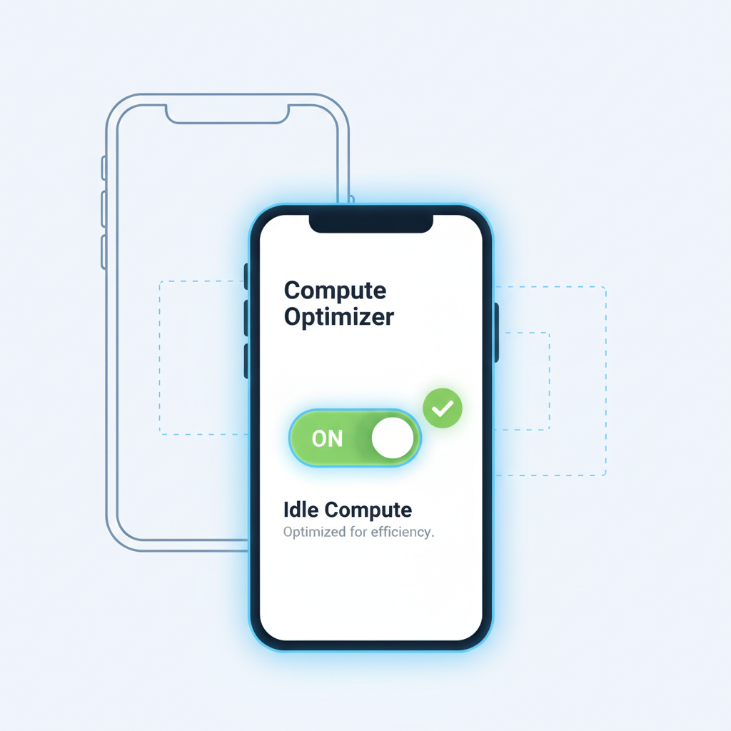 app interface with idle compute toggle switch activated, green checkmark, smartphone in background, tech diagram style