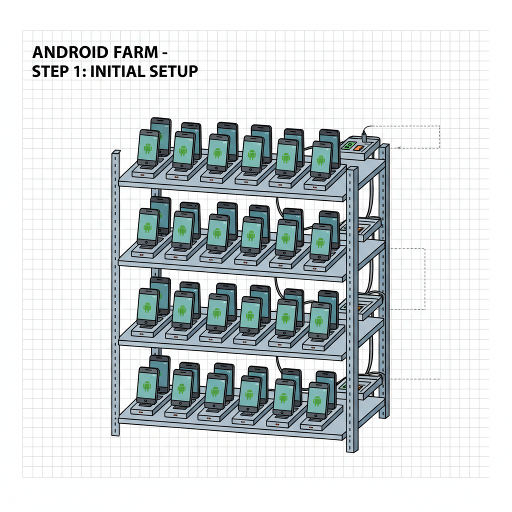 stack of old Android smartphones on charging docks in a organized farm rack, tech setup, realistic
