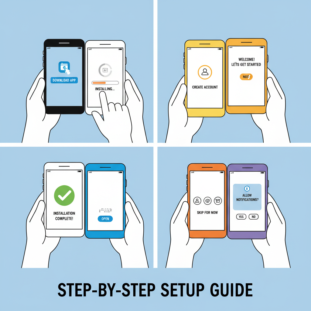 hands installing app on multiple phones, step-by-step setup screens visible