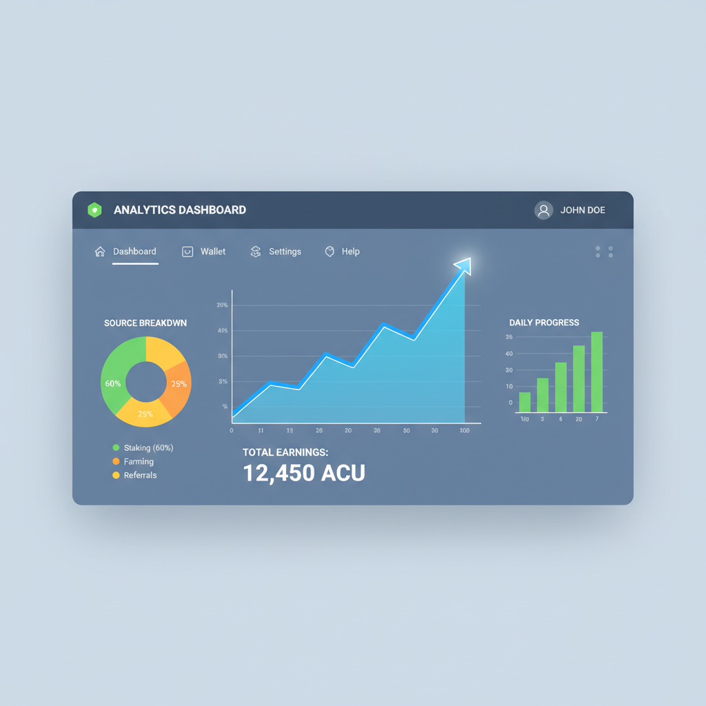 analytics dashboard with ACU token earnings chart, rising graph, professional UI