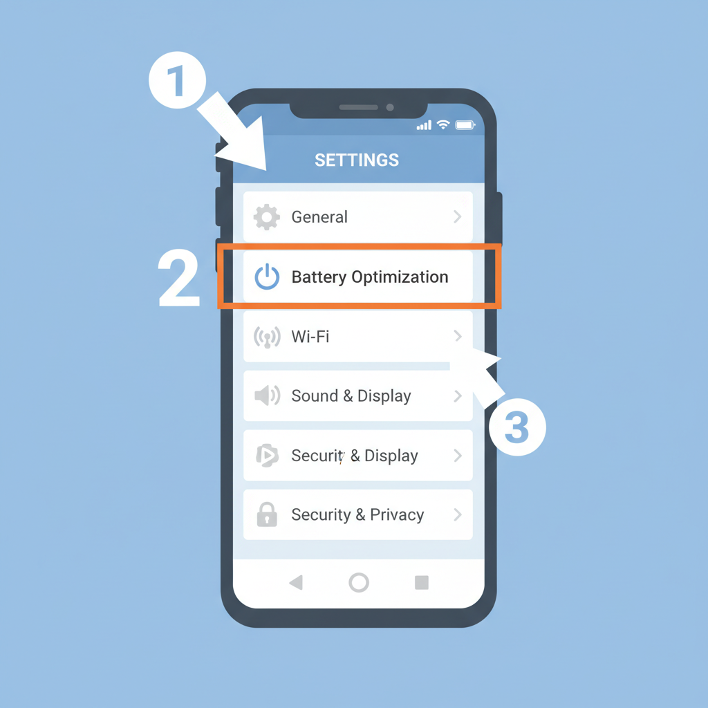 phone settings menu highlighting battery optimization and WiFi, icons for power and network, pragmatic infographic style