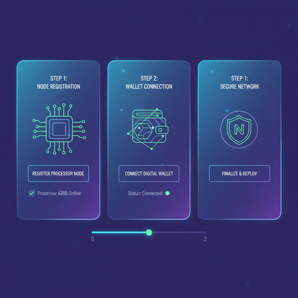 app interface registering processor node, wallet connection, futuristic dashboard