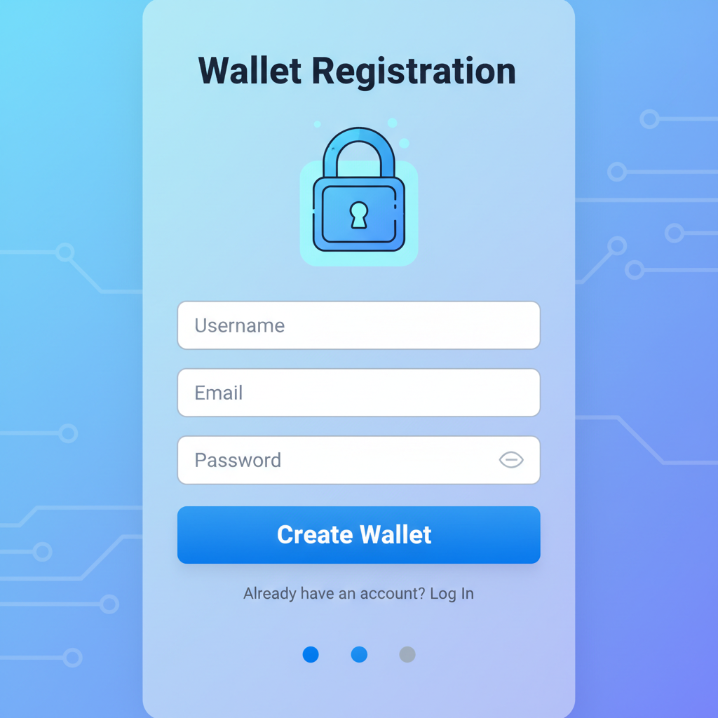 mobile app screen displaying wallet registration form, secure lock icon, futuristic interface, simple illustration