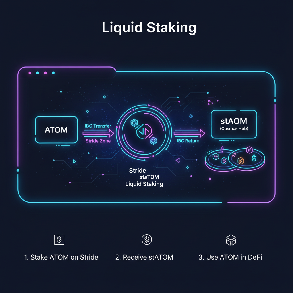 stride liquid staking interface, ATOM to stATOM conversion, IBC flow graphic, liquidity pool visuals, neon cosmos theme