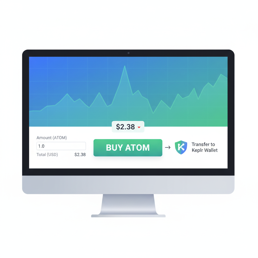 buying ATOM on crypto exchange, $2.38 price tag, transfer to keplr wallet, green buy button, dynamic chart background