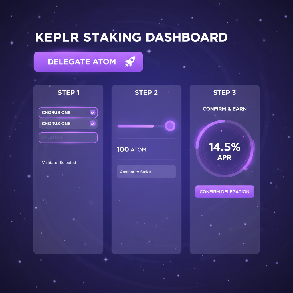 keplr staking dashboard, delegating ATOM to chorus one validator, reward percentage display, cosmic purple interface