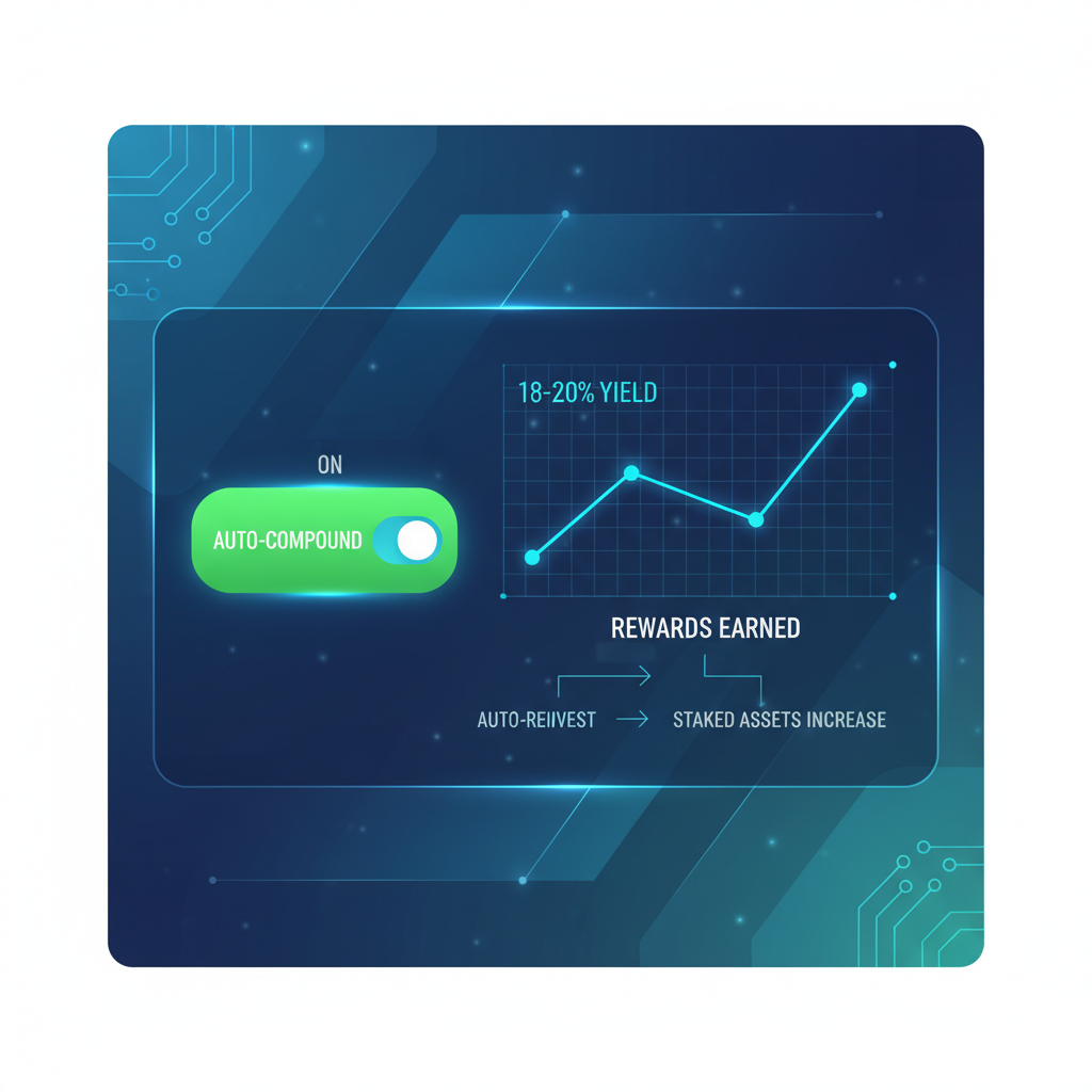 restake app dashboard, auto-compound button active, 18-20% yield chart, reward reinvestment flow, futuristic UI glow