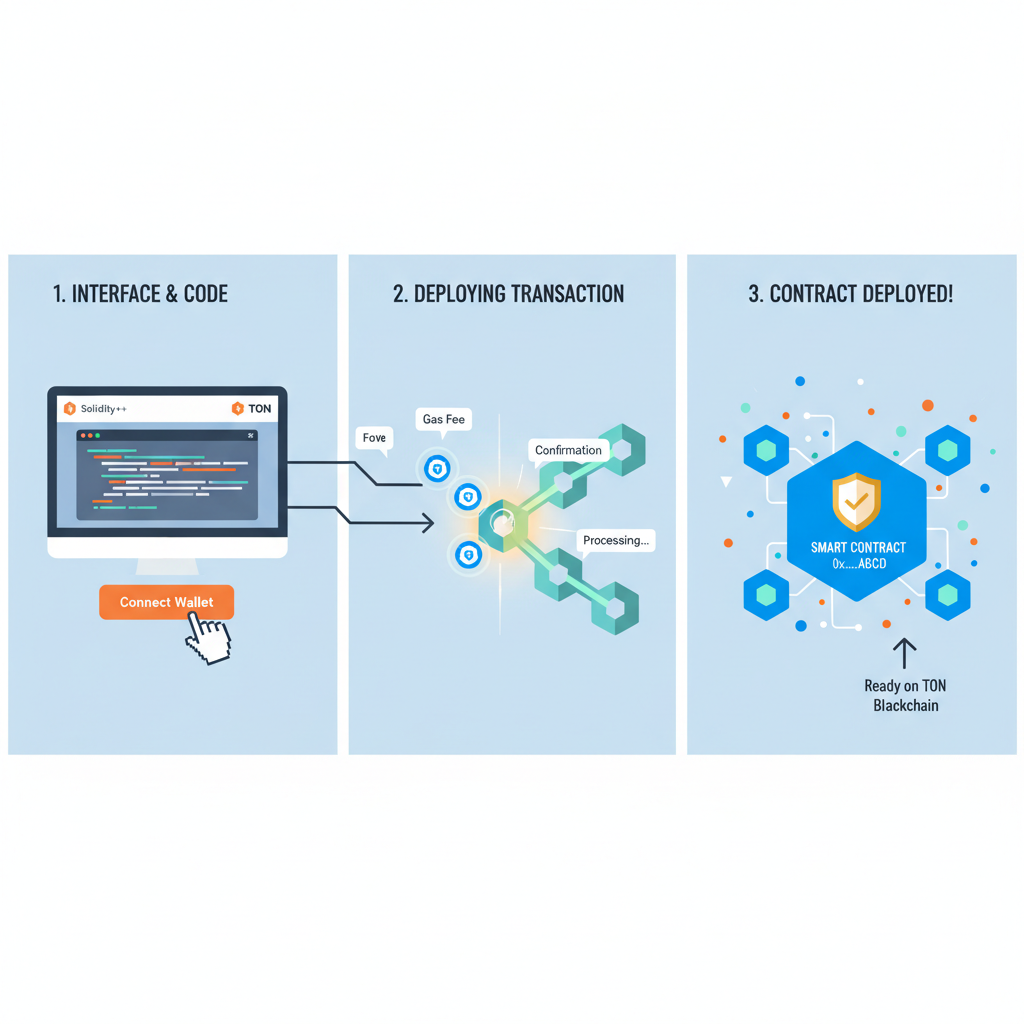 Deploying TON smart contract interface, code deploying, blockchain animation