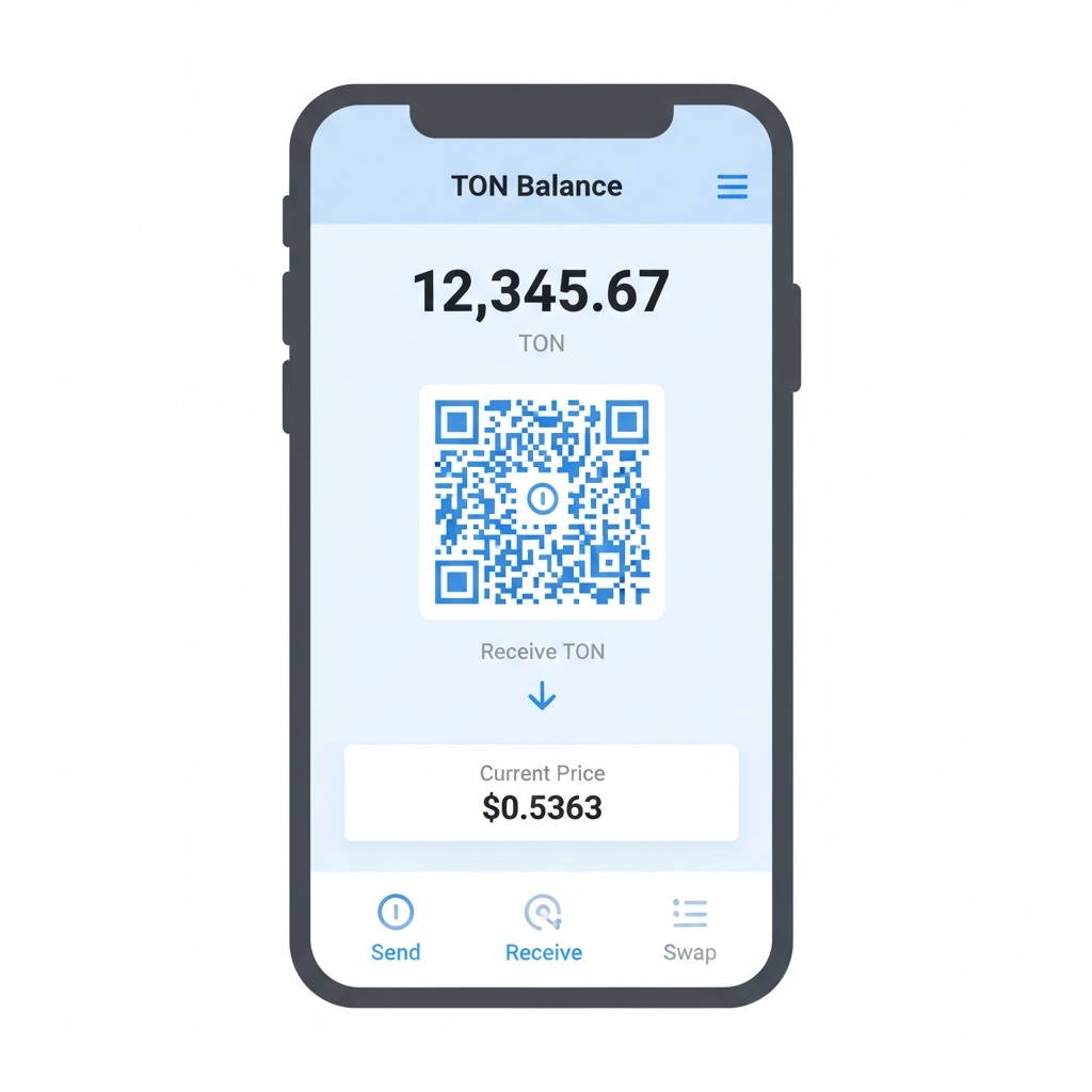 Tonkeeper wallet screen with TON balance, receive QR code, and current price $0.5363