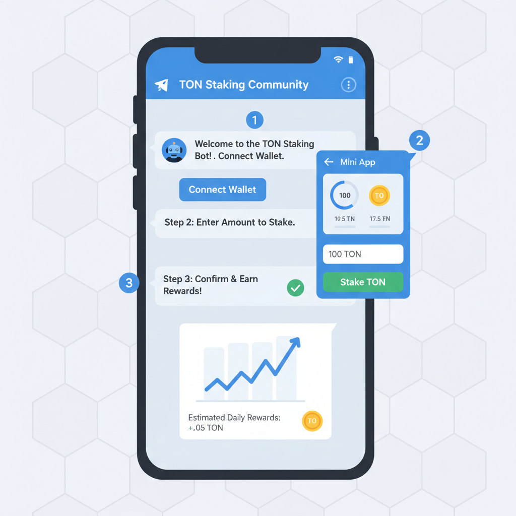 Telegram group chat with staking bot Mini App, users staking TON, interactive UI