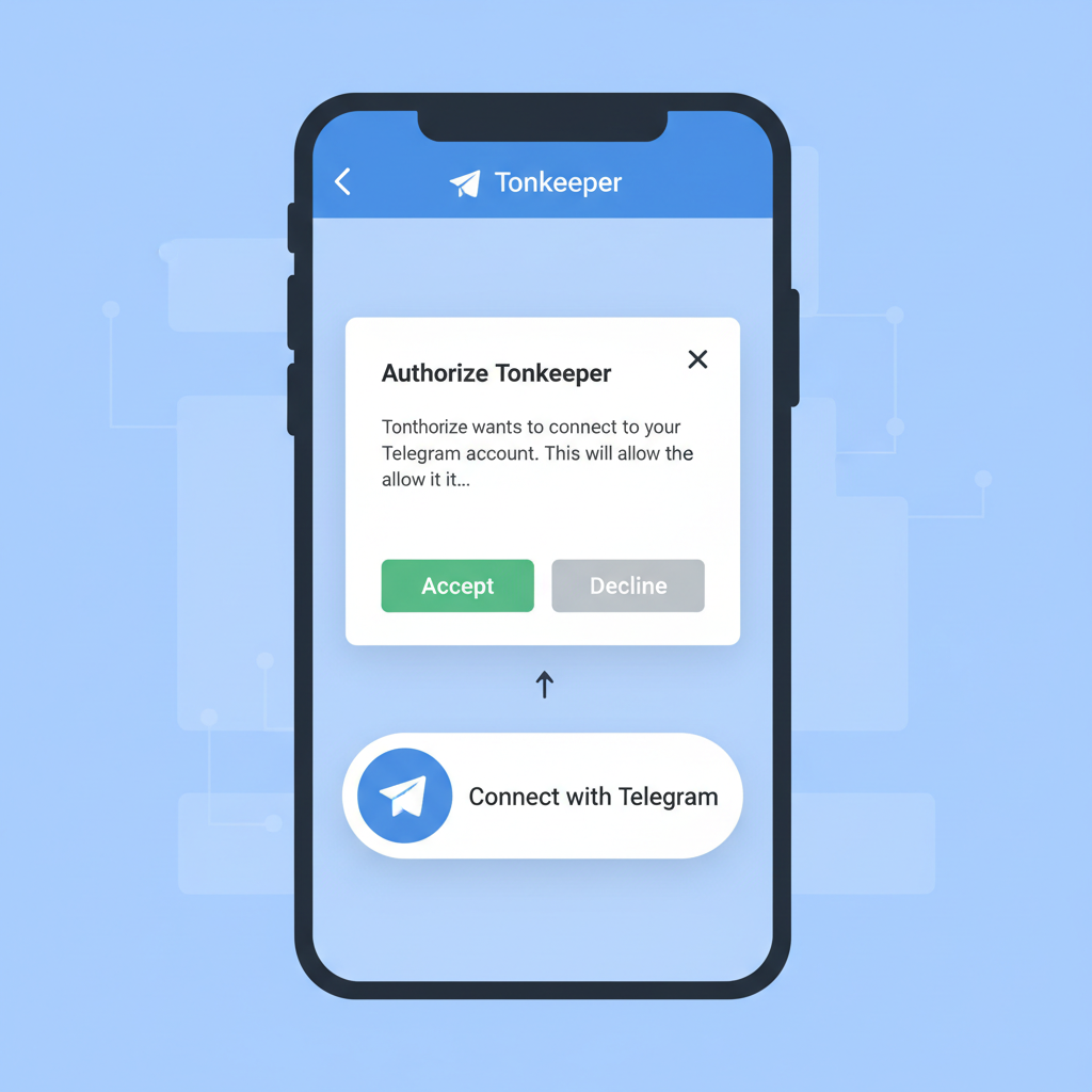 Tonkeeper mobile app showing Telegram connection button and authorization popup