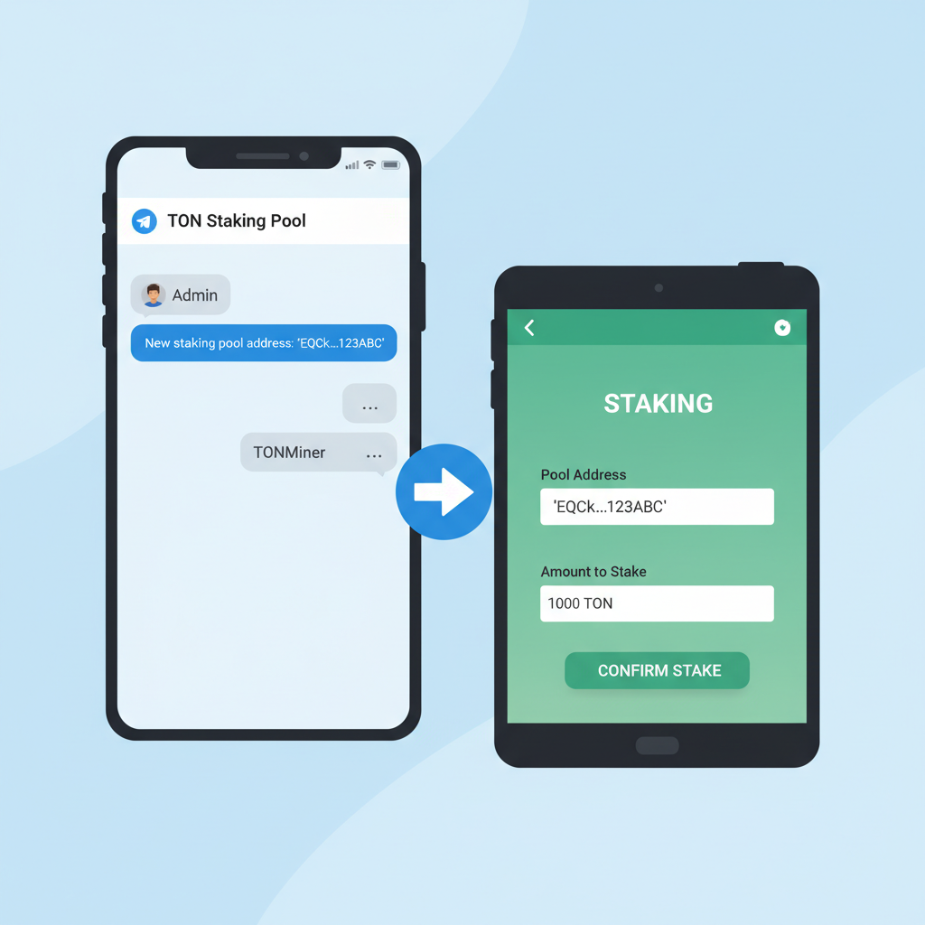 Telegram chat group discussing staking pool address with Tonkeeper app open nearby