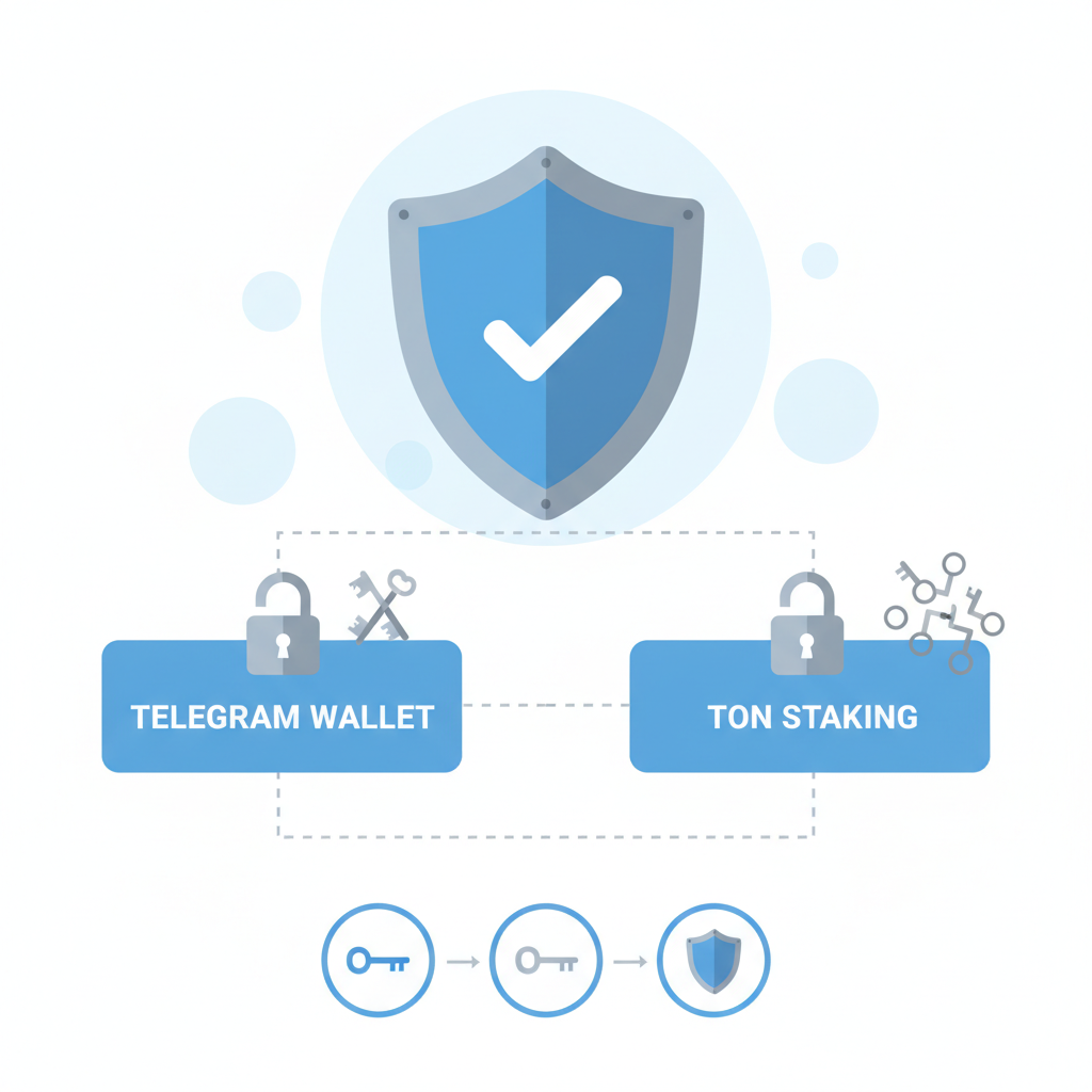 Security shield over Telegram wallet and TON staking, locks keys padlock icons