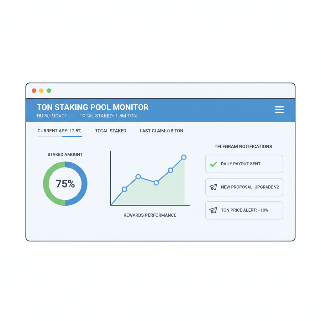 Dashboard monitoring TON staking pool, charts rewards performance, Telegram notifications