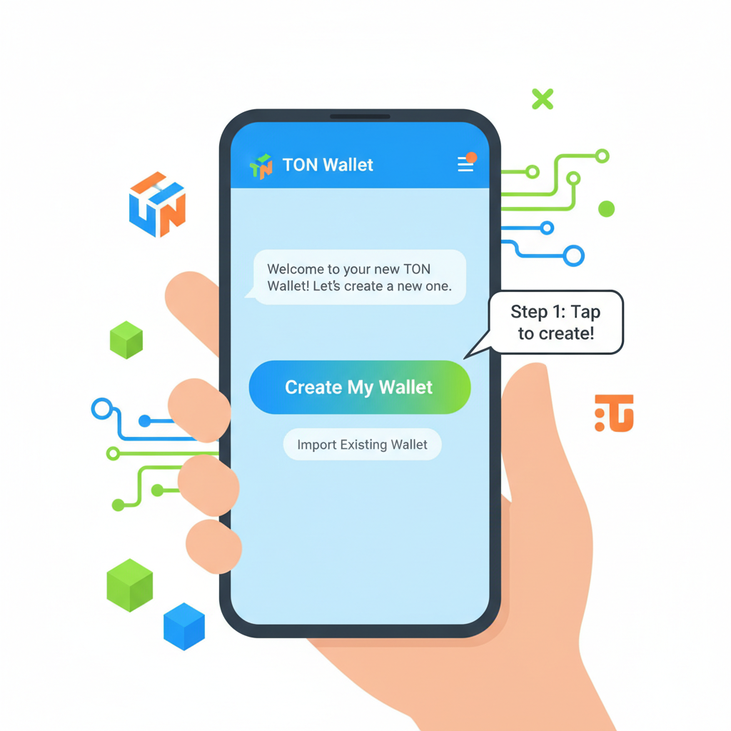 Telegram app open to @Wallet bot, mobile screen creating TON wallet, vibrant crypto UI