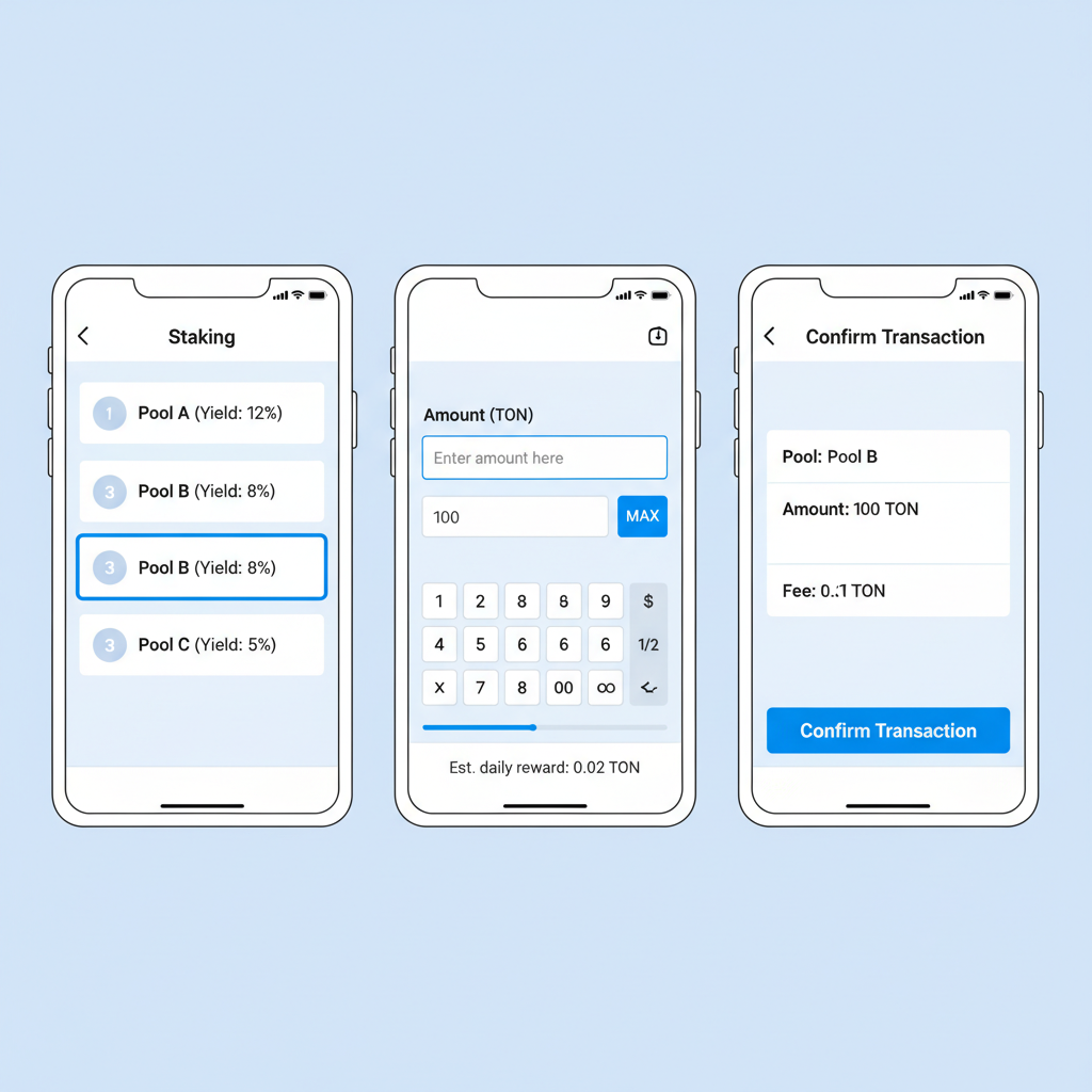 Tonkeeper staking screen selecting pool, entering amount, and confirm transaction button