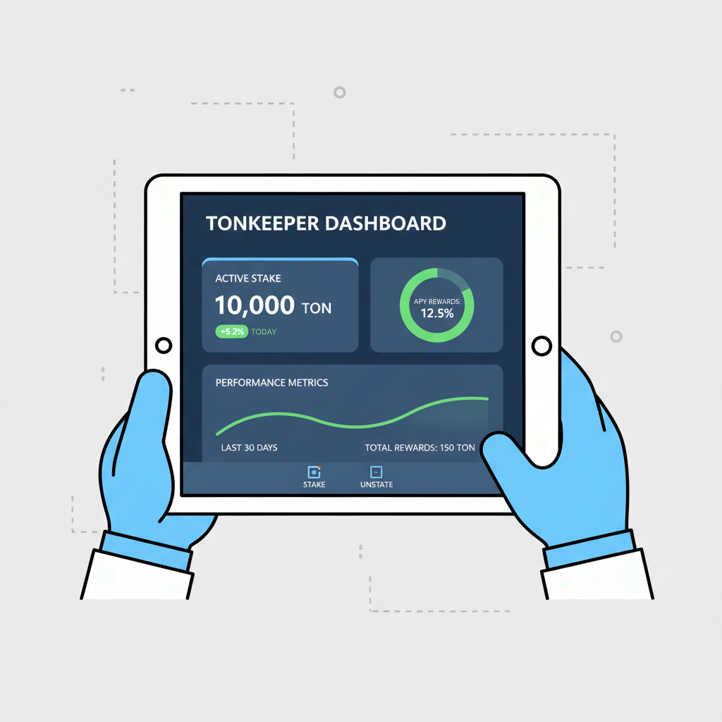 Tonkeeper dashboard displaying active stake, APY rewards graph, and performance metrics
