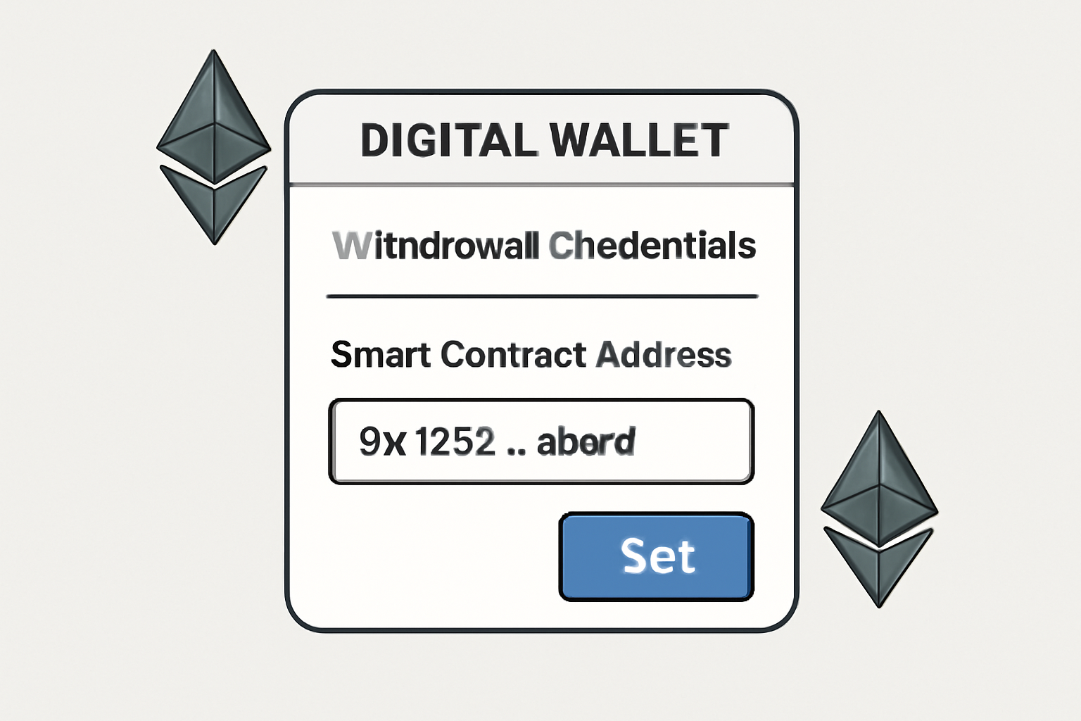 A digital wallet interface showing withdrawal credentials being set to a smart contract address, with Ethereum icons.