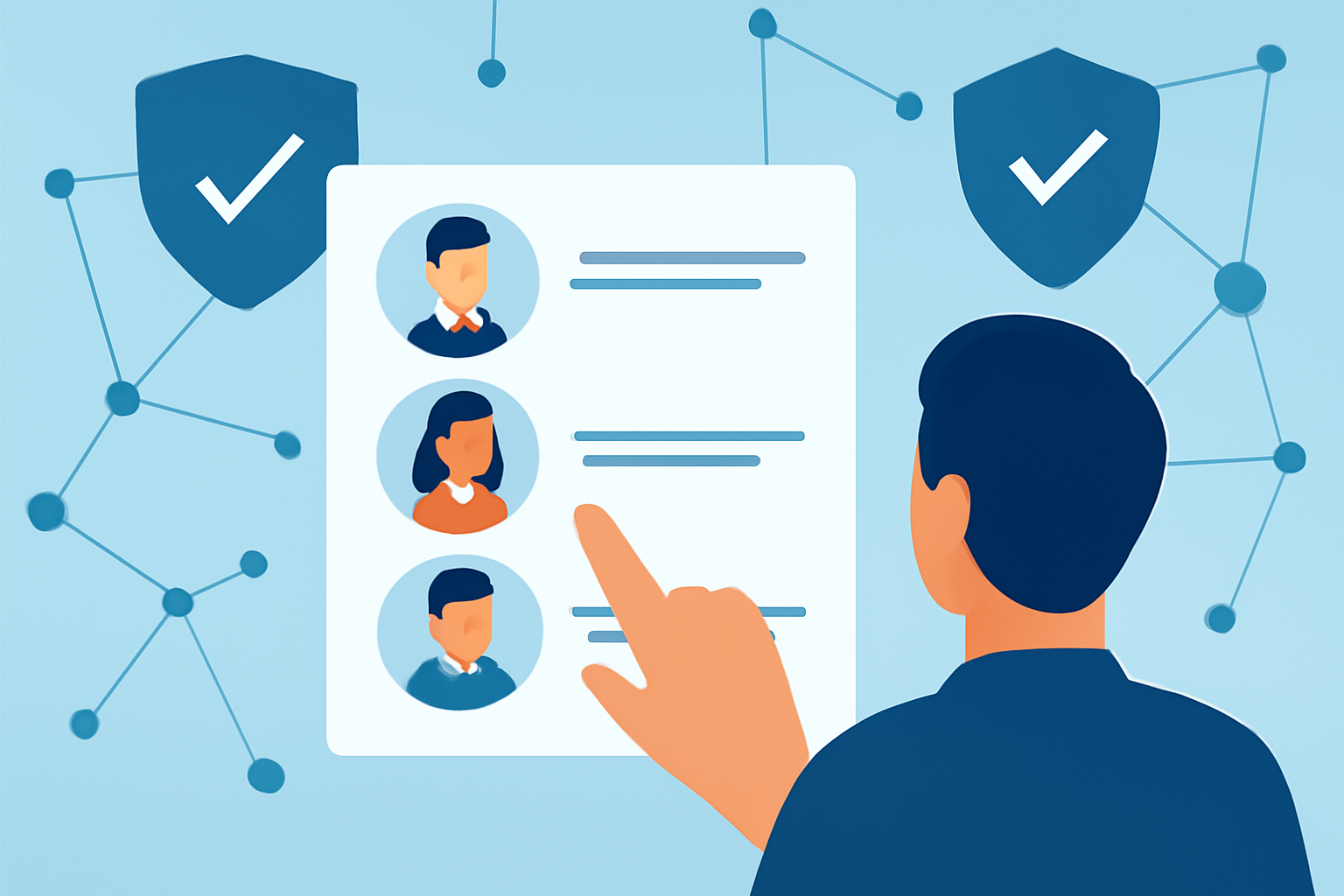 A user selecting from a list of professional operators, with security shields and network nodes in the background.