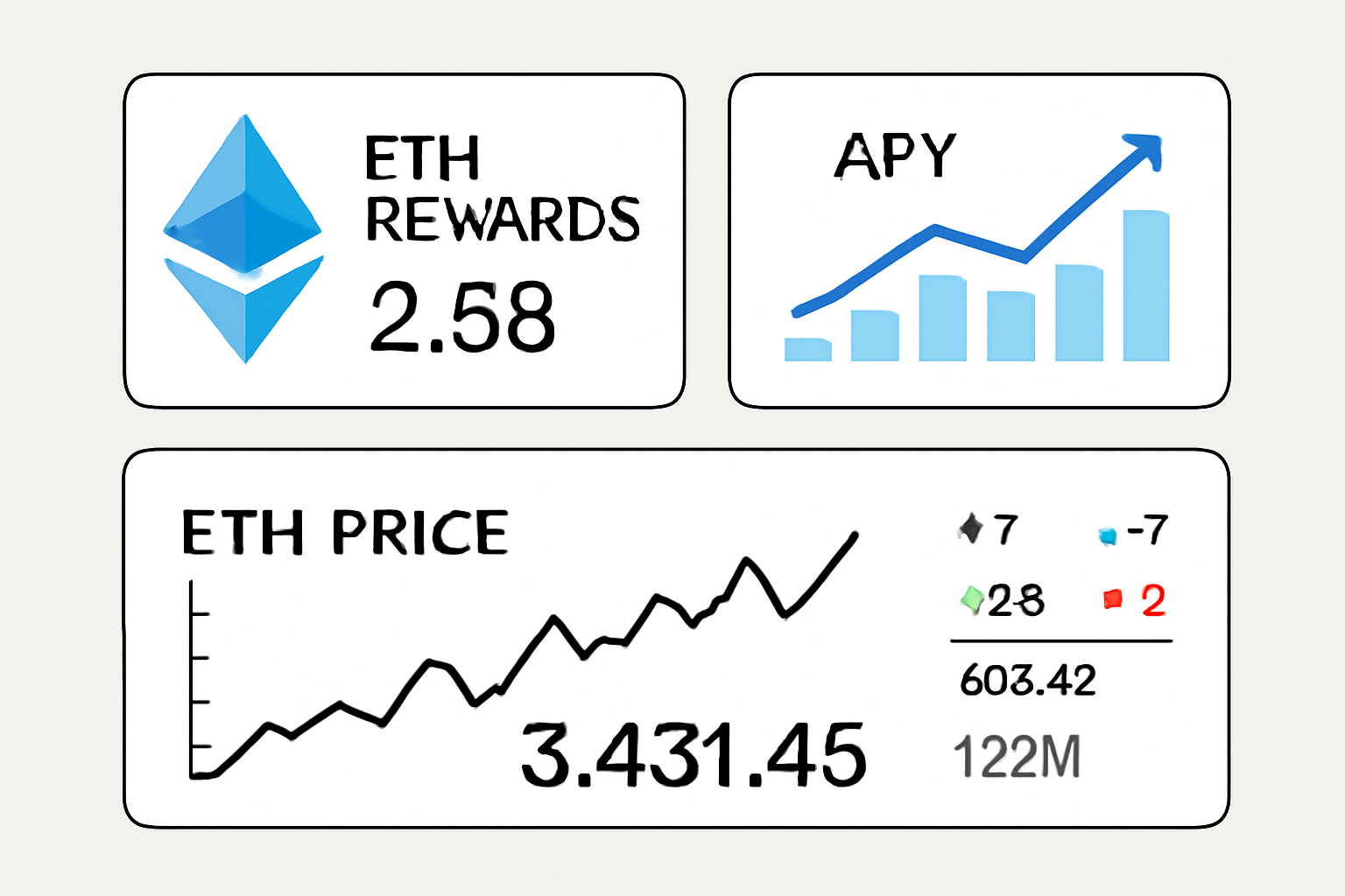 A digital dashboard displaying ETH rewards, APY charts, and real-time market data including $3,431.45 ETH price.