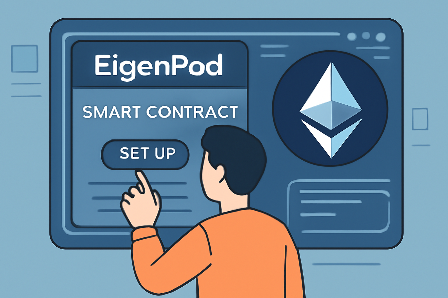 A user setting up a digital smart contract interface labeled 'EigenPod' on a futuristic Ethereum dashboard.